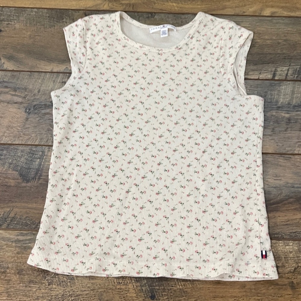 Tommy Hilfiger Floral Waffle Knit Sleeveless Pajama Top Cream Rose M Cottagecore